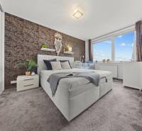 Bedroom in a 2-room apartment with a double bed, carpeted floor, and decorative wall.