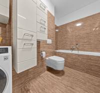 A bathroom in a 2-room apartment with brown tiles, a bathtub, a washing machine, and storage cabinets.