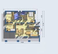 Floor plan of a family house with three bedrooms, a bathroom, and a living room. Floor with wooden decor.