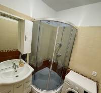 A bathroom in a one-room apartment with a bathtub, washing machine, and sink.