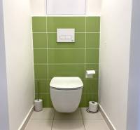 A toilet with white and green tiles in a three-room apartment.