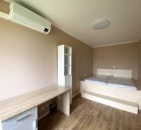 Bedroom in a 3-room apartment with wood-patterned flooring, a bed, and a desk.