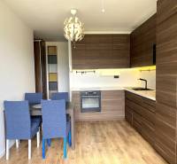 A kitchen in a 3-room apartment with a dining table, modern lighting, and a floor with a wooden decor.