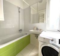 A bathroom with a shower, bathtub, sink, and washing machine in a 3-room apartment.