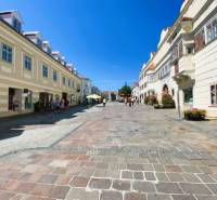 The main street in Eisenstadt is lined with commercial spaces featuring historical architecture and cobblestones.