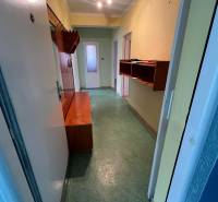 A hallway in a 3-room apartment with built-in furniture and a green floor.