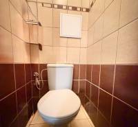 A bathroom with light and dark brown tiles in a 2-room apartment.
