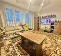 Living room in a two-room apartment with carpets, a sofa set, and a television.