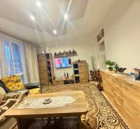 Living room in a two-room apartment with a tasteful armchair, television, and carpet, floor with wooden decor.