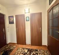 Entrance hallway in a 2-room apartment with a wooden decor floor and three doors.