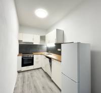 A kitchen in a studio apartment with black tiles and a floor with a wooden decor.