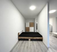 Interior of a 1-bedroom apartment with a wooden decor floor, bed, and wardrobe.