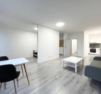 1-bedroom apartment with wood-patterned flooring, kitchen, and living room.