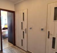 A hallway with doors in a 2-room apartment, floor with wooden decor, room on the left.