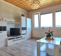 A room in a 2-room apartment with furniture, wood-patterned flooring, and decorations.