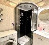 A bathroom in a studio apartment with a shower, a sink, and a washing machine.