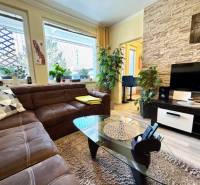 Living room in a one-room apartment with a brown sofa and a wooden decor floor.