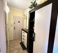 A cozy hallway with furniture and patterned tiles in a studio apartment.