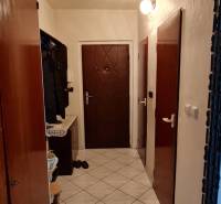 Entrance hallway in a 3-room apartment with tiles and dark doors.