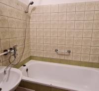 Bathroom with a mirror and a bathtub in a 3-room apartment, decorated with decorative tiles.