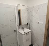 Bathroom with a sink, shower corner, and marble imitation tiles in a 2-room apartment.