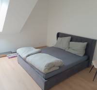 A bedroom in a 2-room apartment with a bed, wood-patterned flooring, and a skylight.