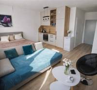 A one-room apartment with a bed, a sofa, a kitchenette, and a floor with a wooden decor.