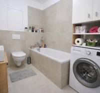 A bathroom in a studio apartment with a bathtub, washing machine, and toilet, complemented by storage space.