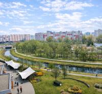 View from a 2-room apartment of greenery, a water stream, and panel buildings in Bratislava - Petržalka.