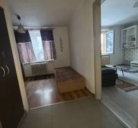 Interior of a 1-room apartment with a bed and wooden decor flooring.