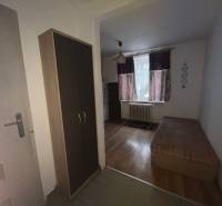 In a 1-room apartment, you can see a floor with a wooden decor, a bed, and a wardrobe.