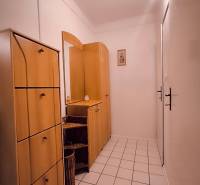 A hallway in a 2-room apartment with tiles and wooden furniture.
