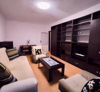 Living room with a sofa, armchair, dark furniture, and a wooden decor floor in a 2-room apartment.