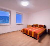 Bedroom in a two-room apartment with a double bed, wood-patterned flooring, and simple furniture.