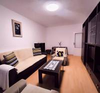 Living room with a sofa, decorative pillows, and a wooden decor floor in a two-room apartment.
