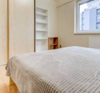 Bedroom in a 2-room apartment with wood-patterned flooring, built-in wardrobe, and large window.