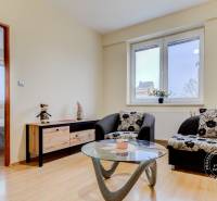 Living room in a two-room apartment with a sofa and a table with a decorative element.