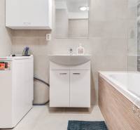 Bathroom in a 2-room apartment with a bathtub, washing machine, and sink with storage space.