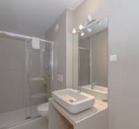 A bathroom in a holiday apartment with a sink, shower, and large mirror.