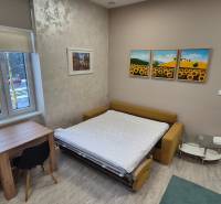 A room with a sofa bed, a table, and a chair, with a wooden decor floor.