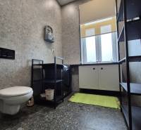 Bathroom in a studio apartment with a washing machine, toilet, and gray tiles.