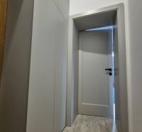 A narrow corridor with white cabinets and a wooden decor floor in a studio apartment.
