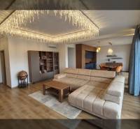 Living room in a holiday apartment with wood-patterned flooring, a sofa, and pendant lights.