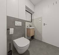 Bathroom with a toilet and sink in a 4-room apartment, gray tiles, practical storage spaces.