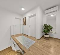 A hallway in a 4-room apartment with a wooden decor floor, a mirror, and a plant.