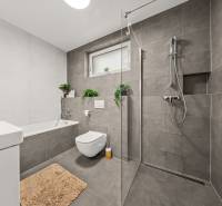 Bathroom in a 4-room apartment with a bathtub, shower, and toilet, gray tiles.