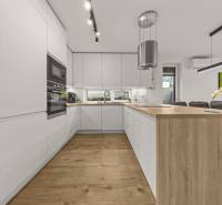A kitchen with built-in appliances and an island, a floor with a wooden decor in a 4-room apartment.