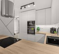 A kitchen in a 4-room apartment, with a wooden decor floor and modern kitchen equipment.