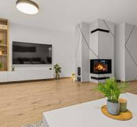 Living room in a 4-room apartment with a fireplace and a wooden decor floor.