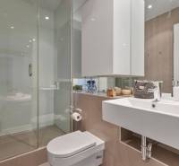 Bathroom in a 2-room apartment with a toilet, sink, shower, and modern mirror.